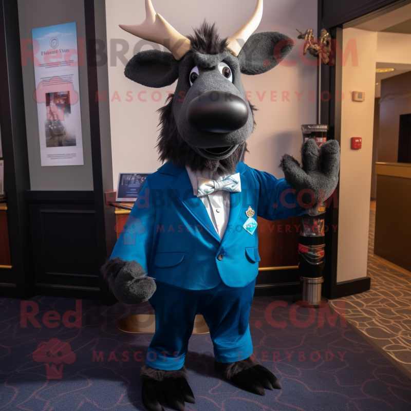 Blue Irish Elk mascot costume character dressed with a Tuxedo and Tie pins