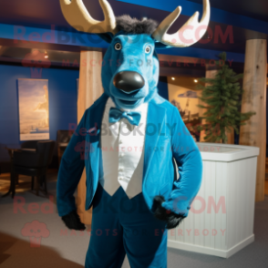 Blue Irish Elk mascot costume character dressed with a Tuxedo and Tie pins