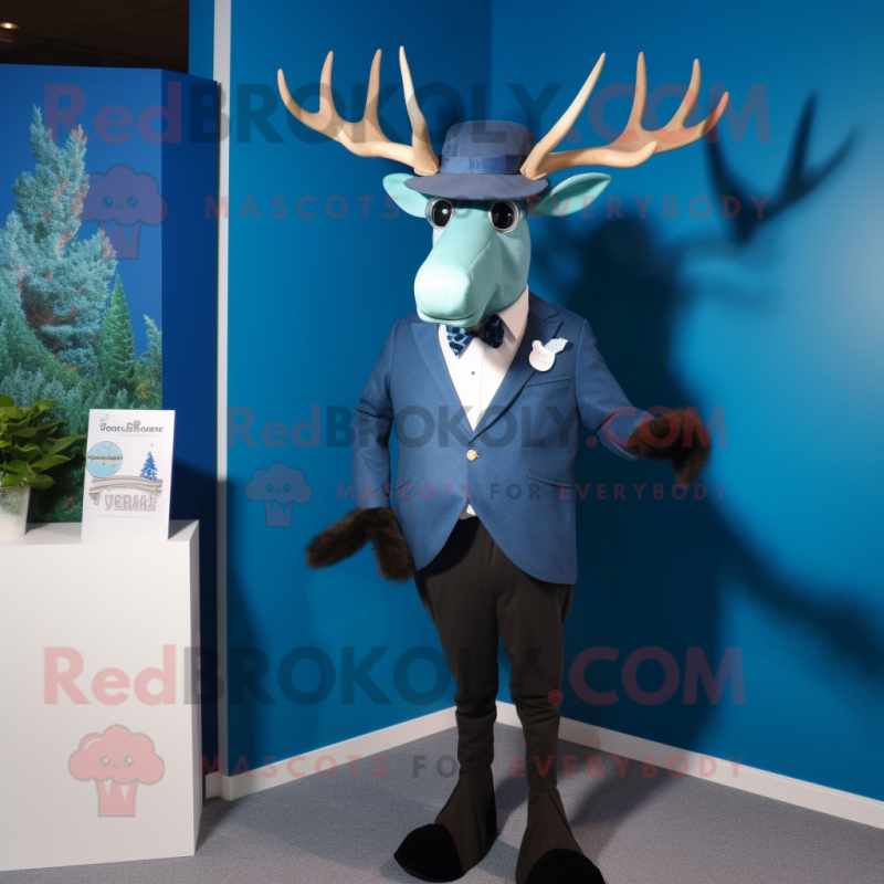 Blue Irish Elk mascot costume character dressed with a Tuxedo and Tie pins