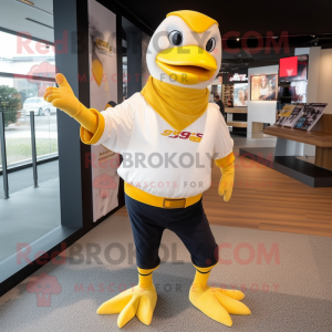Gold Gull mascot costume character dressed with a Jeggings and Hairpins