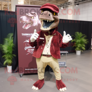 Maroon Tyrannosaurus mascot costume character dressed with a Parka and Pocket squares