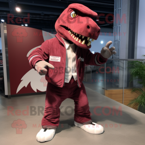 Maroon Tyrannosaurus mascot costume character dressed with a Parka and Pocket squares