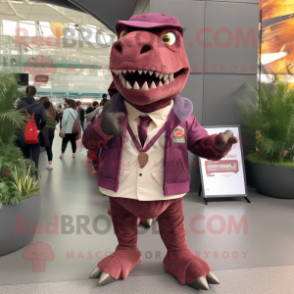 Maroon Tyrannosaurus mascot costume character dressed with a Parka and Pocket squares