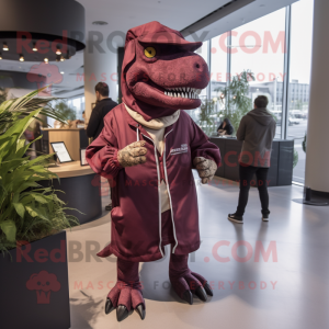 Maroon Tyrannosaurus mascot costume character dressed with a Parka and Pocket squares