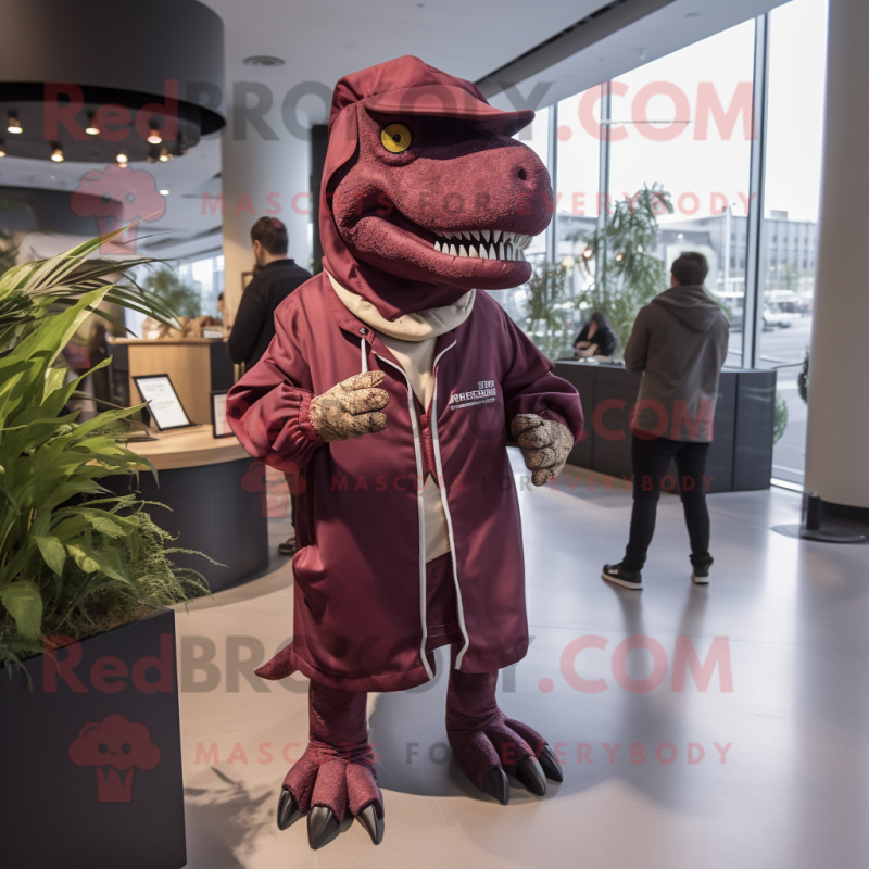 Maroon Tyrannosaurus mascot costume character dressed with a Parka and Pocket squares Maroon Tyrannosaurus mascot costume character dressed with a Parka and Pocket squares