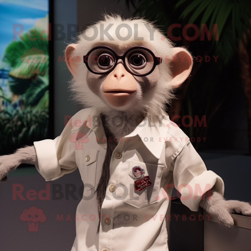 White Capuchin Monkey mascot costume character dressed with a Button-Up Shirt and Eyeglasses