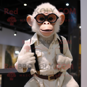 White Capuchin Monkey mascot costume character dressed with a Button-Up Shirt and Eyeglasses