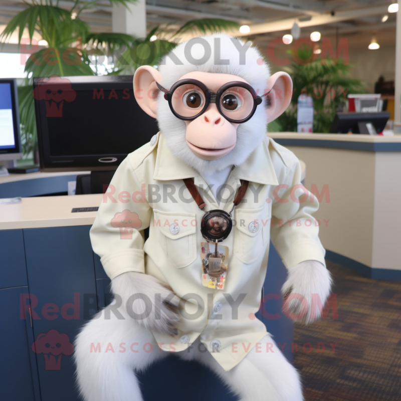 White Capuchin Monkey mascot costume character dressed with a Button-Up Shirt and Eyeglasses