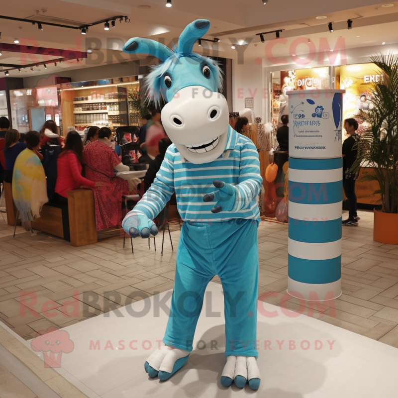 Turquoise Quagga mascot costume character dressed with a Mom Jeans and Foot pads