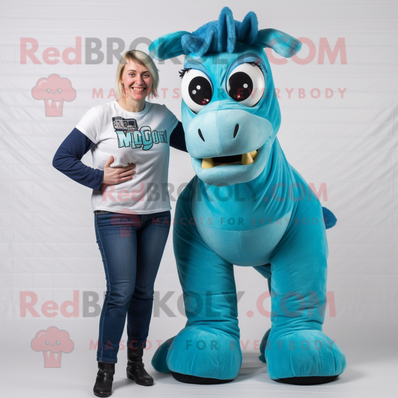 Turquoise Quagga mascot costume character dressed with a Mom Jeans and Foot pads Turquoise Quagga mascot costume character dressed with a Mom Jeans and Foot pads