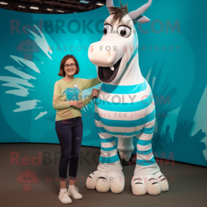 Turquoise Quagga mascot costume character dressed with a Mom Jeans and Foot pads