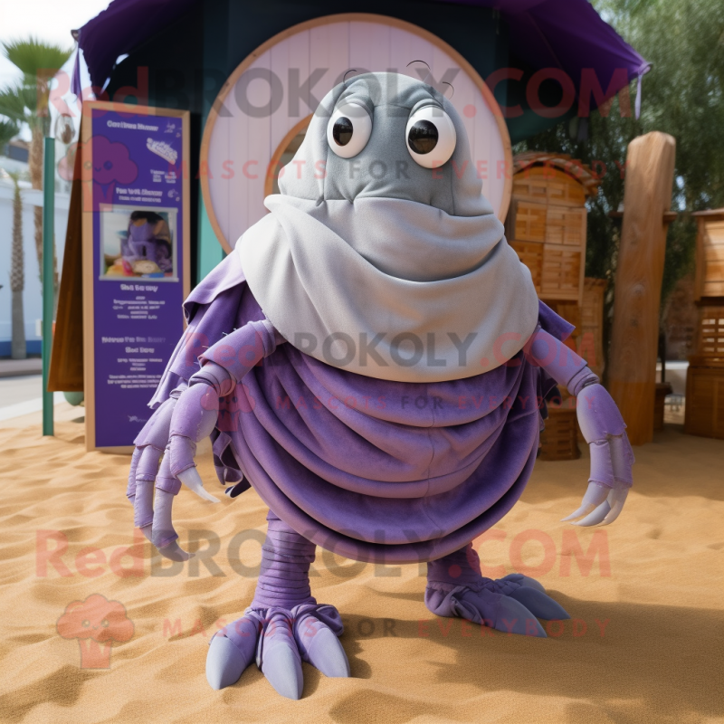 Lavender Hermit Crab mascot costume character dressed with a Capri Pants and Rings