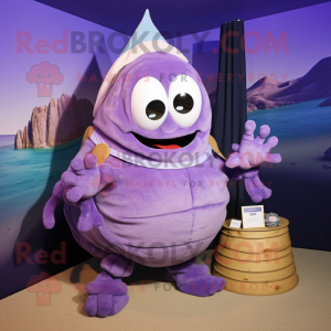 Lavender Hermit Crab mascot costume character dressed with a Capri Pants and Rings