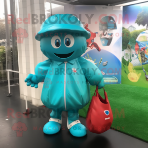 Turquoise Rugby Ball mascot costume character dressed with a Raincoat and Handbags