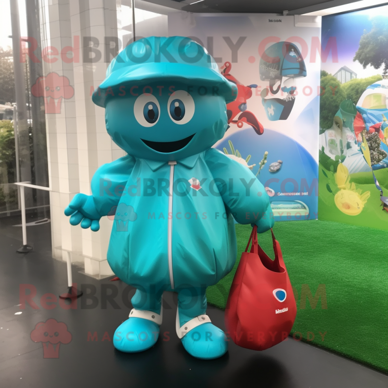 Turquoise Rugby Ball mascot costume character dressed with a Raincoat and Handbags Turquoise Rugby Ball mascot costume character dressed with a Raincoat and Handbags