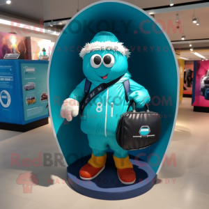 Turquoise Rugby Ball mascot costume character dressed with a Raincoat and Handbags