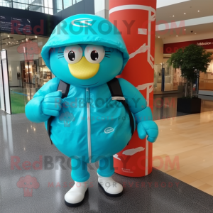Turquoise Rugby Ball mascot costume character dressed with a Raincoat and Handbags