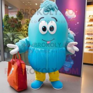 Turquoise Rugby Ball mascot costume character dressed with a Raincoat and Handbags