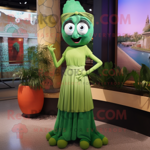 Green Paella mascot costume character dressed with a Empire Waist Dress and Earrings