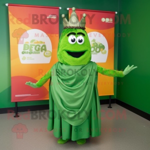 Green Paella mascot costume character dressed with a Empire Waist Dress and Earrings