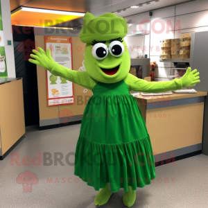 Green Paella mascot costume character dressed with a Empire Waist Dress and Earrings