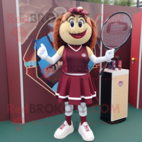 Maroon Tennis Racket mascot costume character dressed with a Mini Skirt and Shoe clips