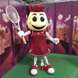 Maroon Tennis Racket mascot costume character dressed with a Mini Skirt and Shoe clips