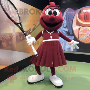 Maroon Tennis Racket mascot costume character dressed with a Mini Skirt and Shoe clips