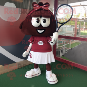 Maroon Tennis Racket mascot costume character dressed with a Mini Skirt and Shoe clips