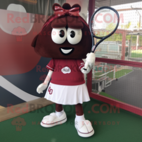 Maroon Tennis Racket mascot costume character dressed with a Mini Skirt and Shoe clips
