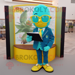 Teal Lemon mascot costume character dressed with a Blazer and Reading glasses