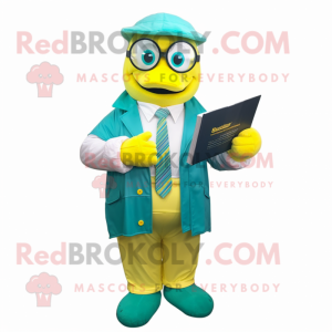 Teal Lemon mascot costume character dressed with a Blazer and Reading glasses