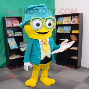 Teal Lemon mascot costume character dressed with a Blazer and Reading glasses