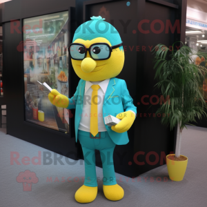 Teal Lemon mascot costume character dressed with a Blazer and Reading glasses