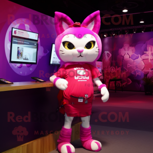 Magenta Cat mascot costume character dressed with a Mini Skirt and Digital watches