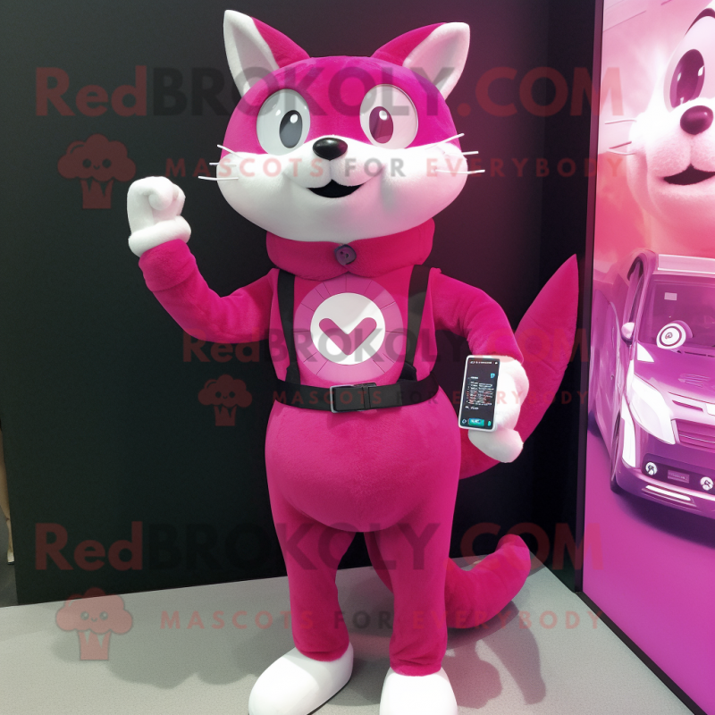 Magenta Cat mascot costume character dressed with a Mini Skirt and Digital watches Magenta Cat mascot costume character dressed with a Mini Skirt and Digital watches