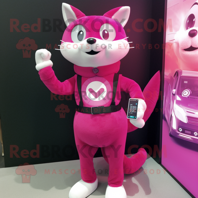 Magenta Cat mascot costume character dressed with a Mini Skirt and Digital watches