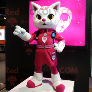 Magenta Cat mascot costume character dressed with a Mini Skirt and Digital watches