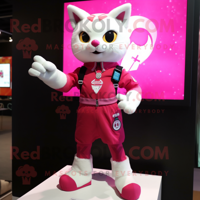 Magenta Cat mascot costume character dressed with a Mini Skirt and Digital watches