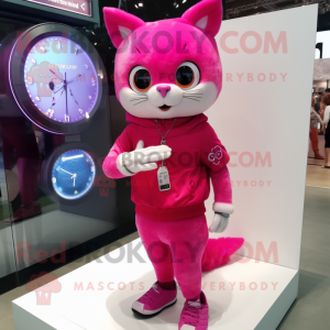 Magenta Cat mascot costume character dressed with a Mini Skirt and Digital watches