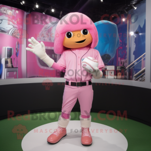 Pink Baseball Glove mascot costume character dressed with a Skinny Jeans and Hairpins