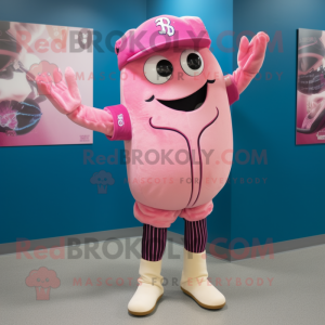 Pink Baseball Glove mascot costume character dressed with a Skinny Jeans and Hairpins