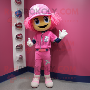 Pink Baseball Glove mascot costume character dressed with a Skinny Jeans and Hairpins