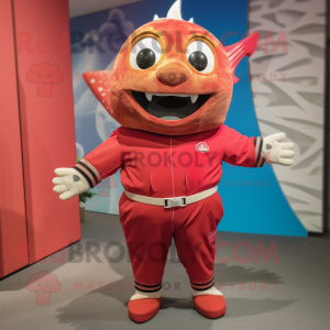 Red Tuna mascot costume character dressed with a Romper and Belts