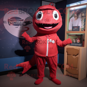 Red Tuna mascot costume character dressed with a Romper and Belts