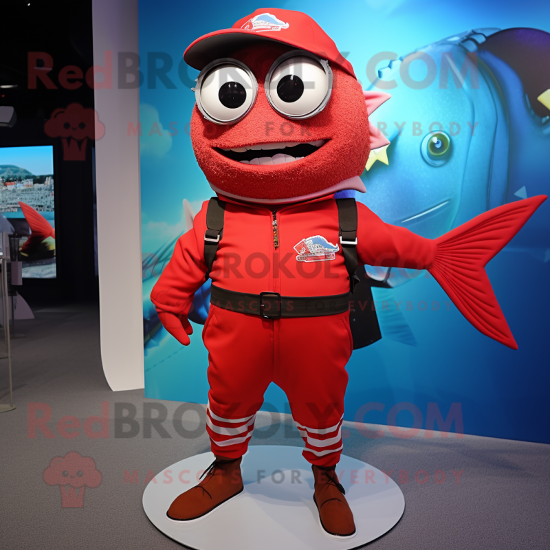 Red Tuna mascot costume character dressed with a Romper and Belts