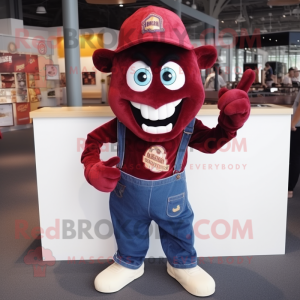 Maroon Vampire mascot costume character dressed with a Denim Shorts and Caps