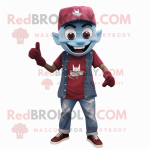 Maroon Vampire mascot costume character dressed with a Denim Shorts and Caps