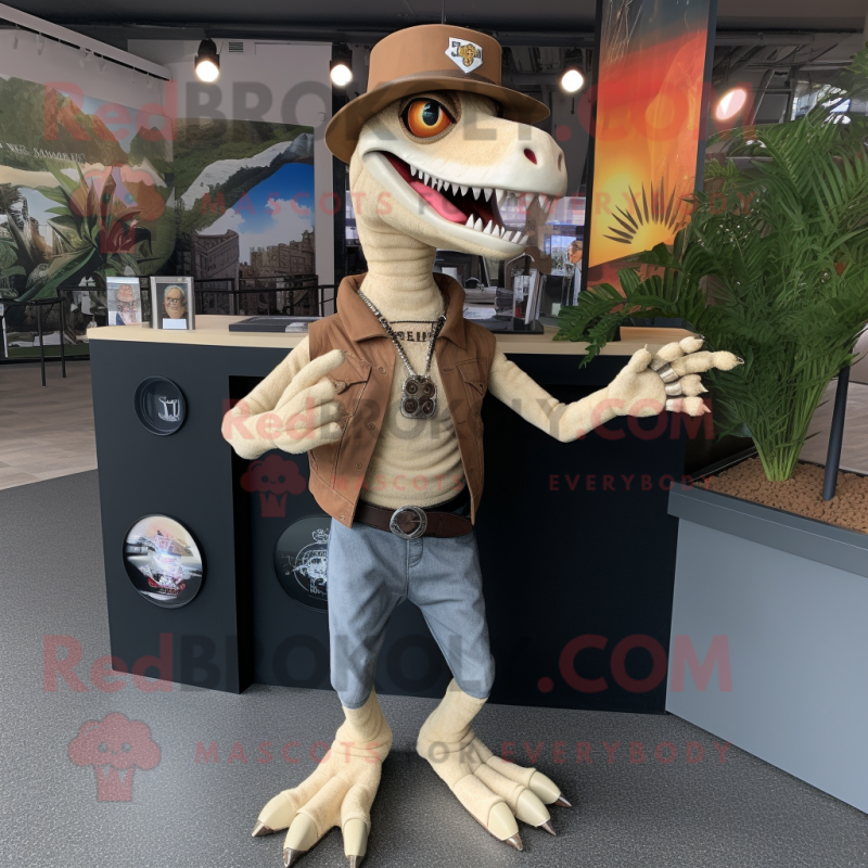 Cream Velociraptor mascot costume character dressed with a Flare Jeans and Bracelet watches