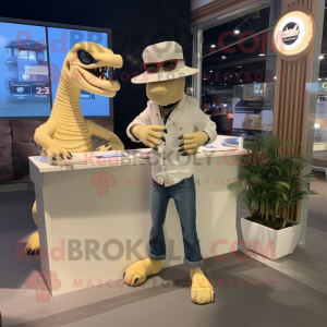 Cream Velociraptor mascot costume character dressed with a Flare Jeans and Bracelet watches